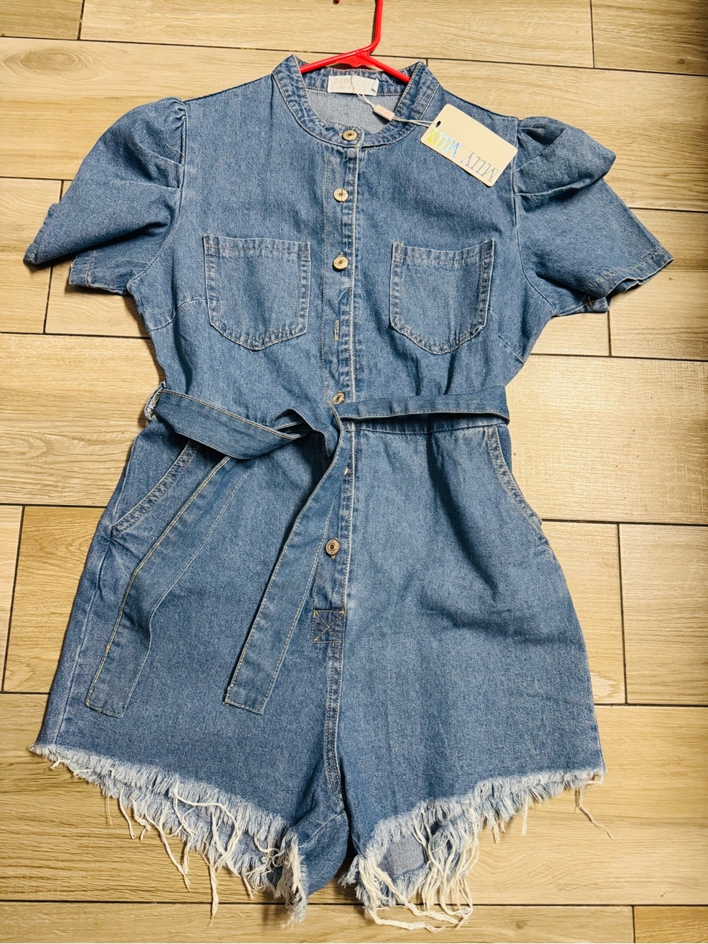 Denim distress Blue woman’s Short Sleeve One-Piece Romper with Belt
